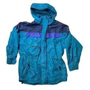 COLUMBIA VINTAGE JACKET WOMENS M MEDIUM BLUE FULL ZIP RAIN WIND COAT HOOD